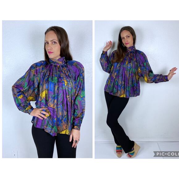 vintage 80s PURPLE COLORFUL Draped BLOUSE Extra Large Paris abstract graphic - Picture 1 of 10